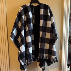 Black and White Plaid Poncho with Fringe